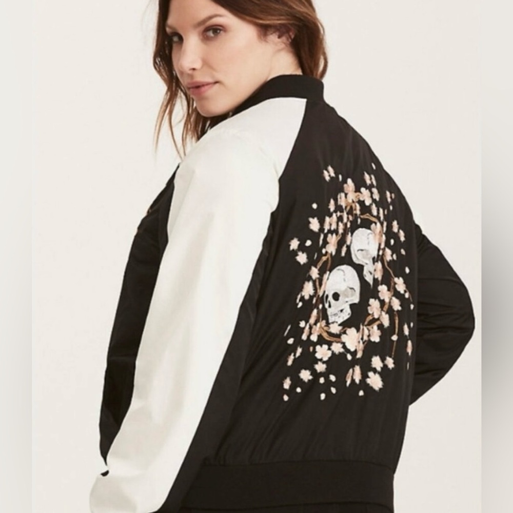 Torrid Skull and Floral Satin Bomber Jacket